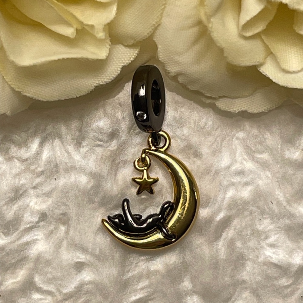 Bracelet Charm Black Cat Laying on Moon Playing with Star